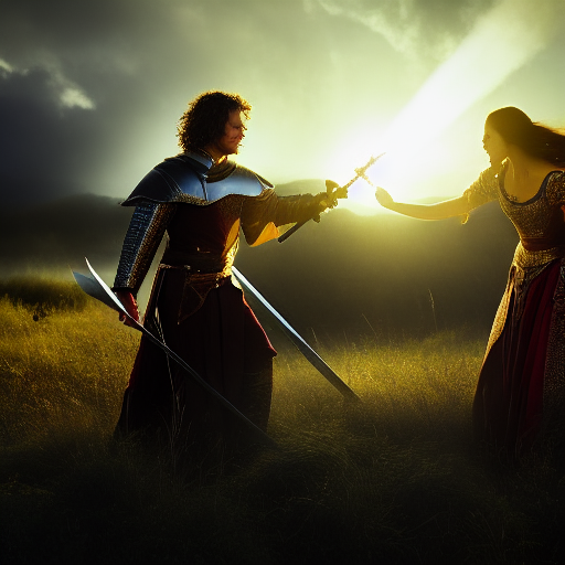 Lancelot and Guinevere, standing back to back, swords drawn and eyes ablaze with resolve, defend themselves against a group of adversaries, the flickering torchlights casting dramatic shadows on the faces of their determined stance, as they fight fearlessly to protect their love and their shared vision.